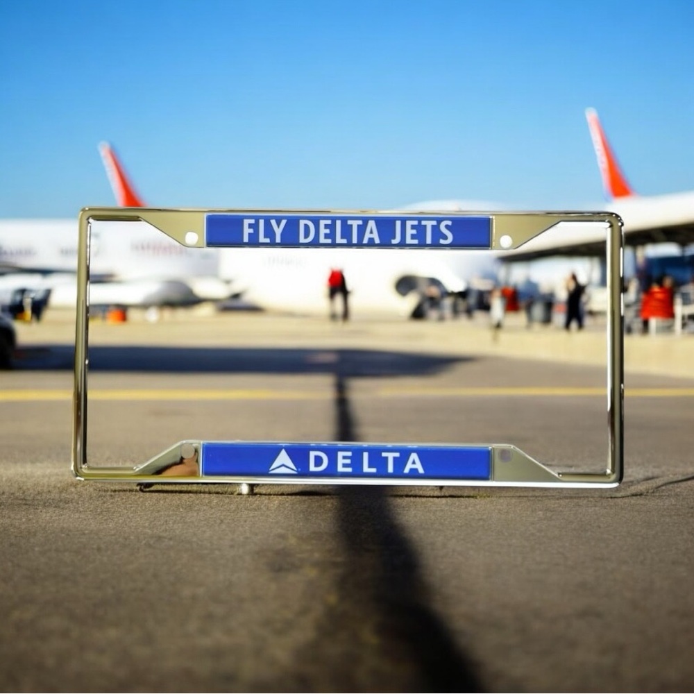 Delta Air Lines Official License Plate Frame Collectible FLY DELTA JETS Blue New - Picture 2 of 14